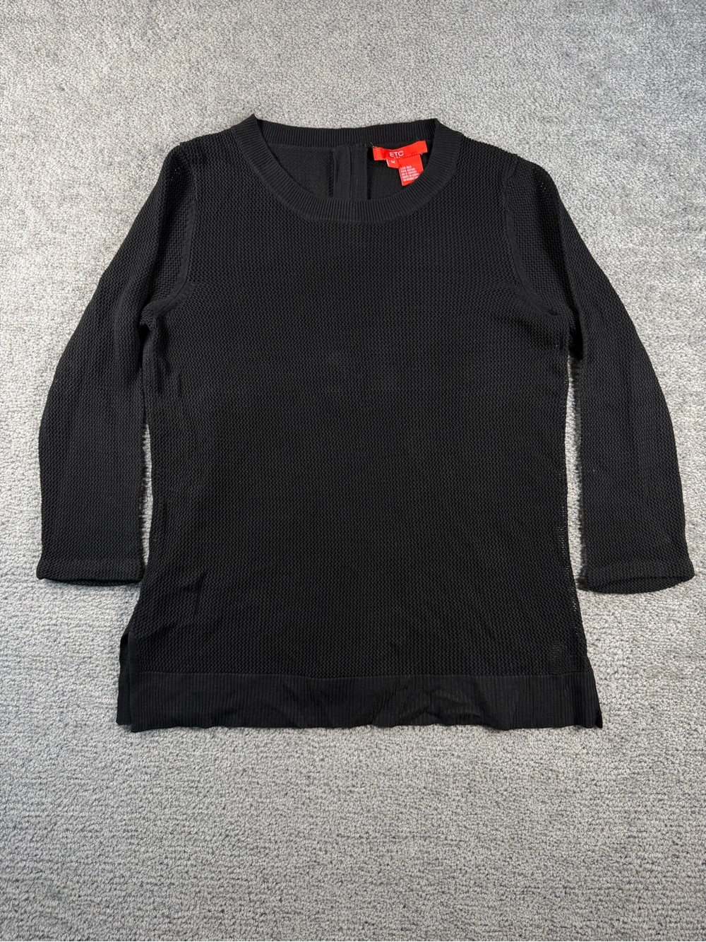 ETC Silk Blend Black Textured Knit 3/4 Sleeve Back Zip Top Women Medium